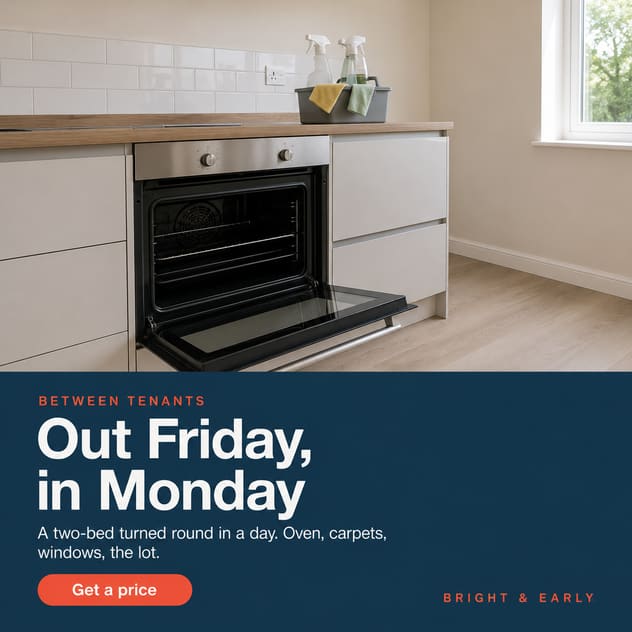 A finished social post: a spotless empty rental kitchen above a blue panel reading “Out Friday, in Monday”.