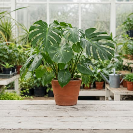A large Monstera in a terracotta pot on a nursery potting bench.