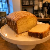 The same loaf cake shot close up from a low angle.