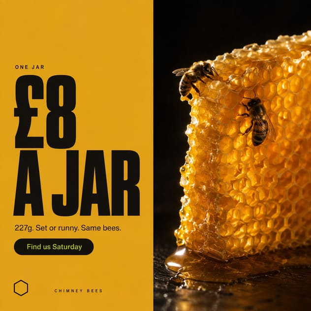 A finished social post: backlit honeycomb beside an amber panel reading “£8 a jar”.