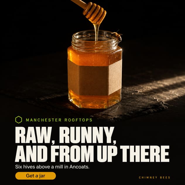 A finished social post: honey pouring from a dipper into a jar, with “Raw, runny, and from up there” set beneath.