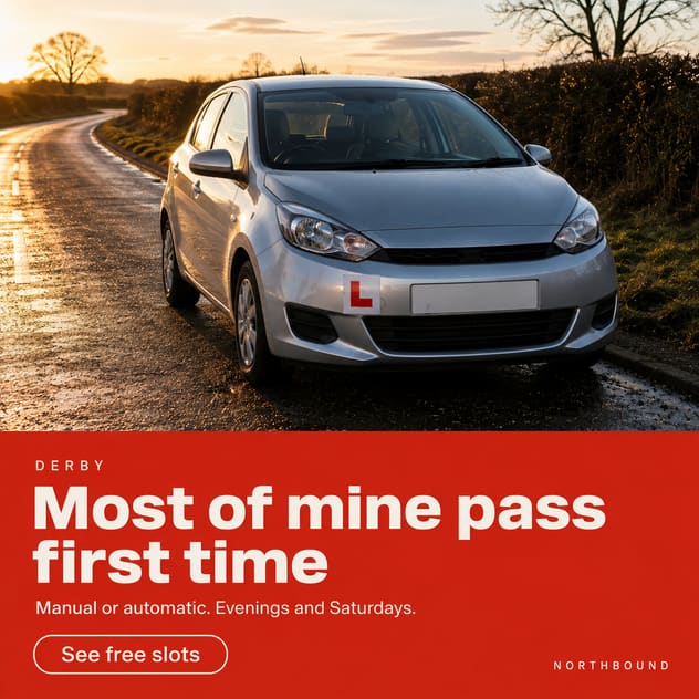 A finished social post: a learner car on a country road above a red panel reading “Most of mine pass first time”.