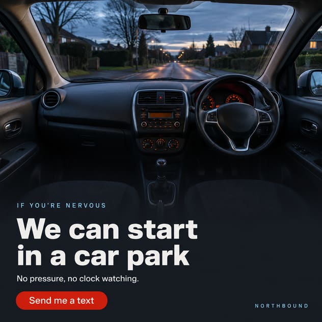 A finished social post: the inside of an empty car at dusk with “We can start in a car park” set over it.