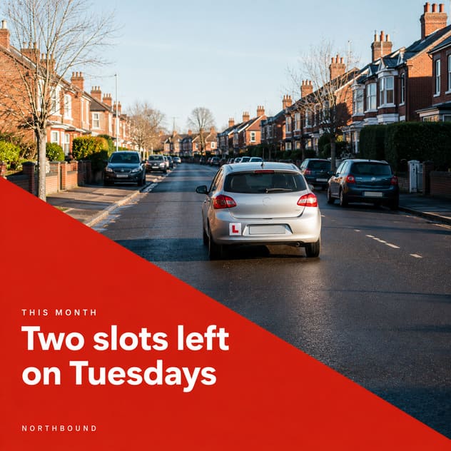 A finished social post: a learner car driving away down a street, with a red panel reading “Two slots left on Tuesdays”.