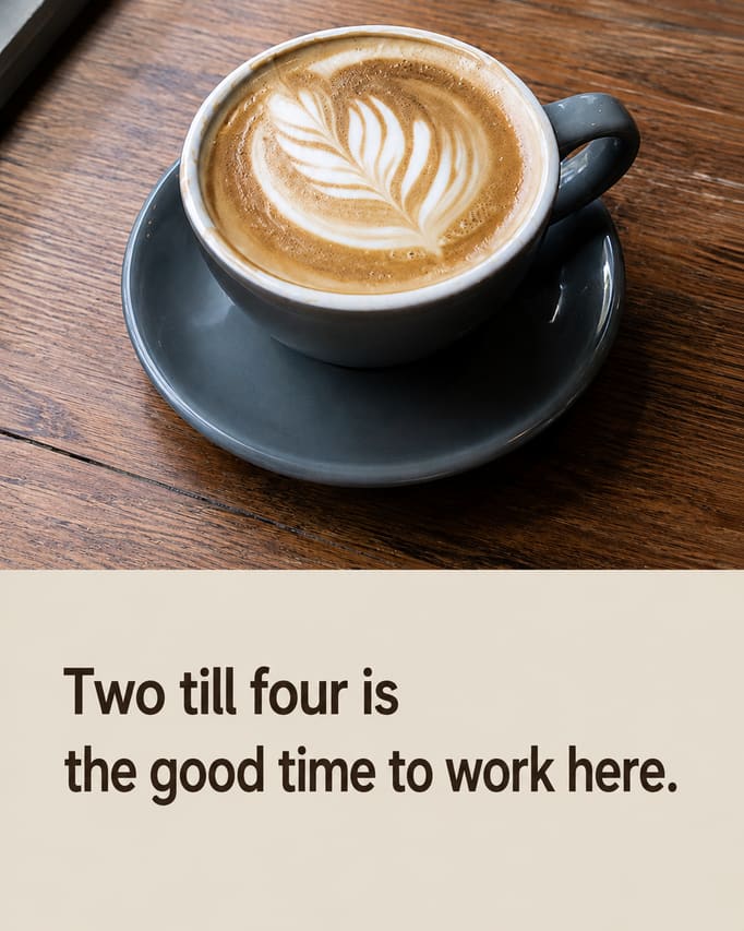 A finished social post built from the window-lit flat white photograph, which is unaltered underneath, carrying the words “Two till four is the good time to work here” on an oat-coloured panel at the foot.