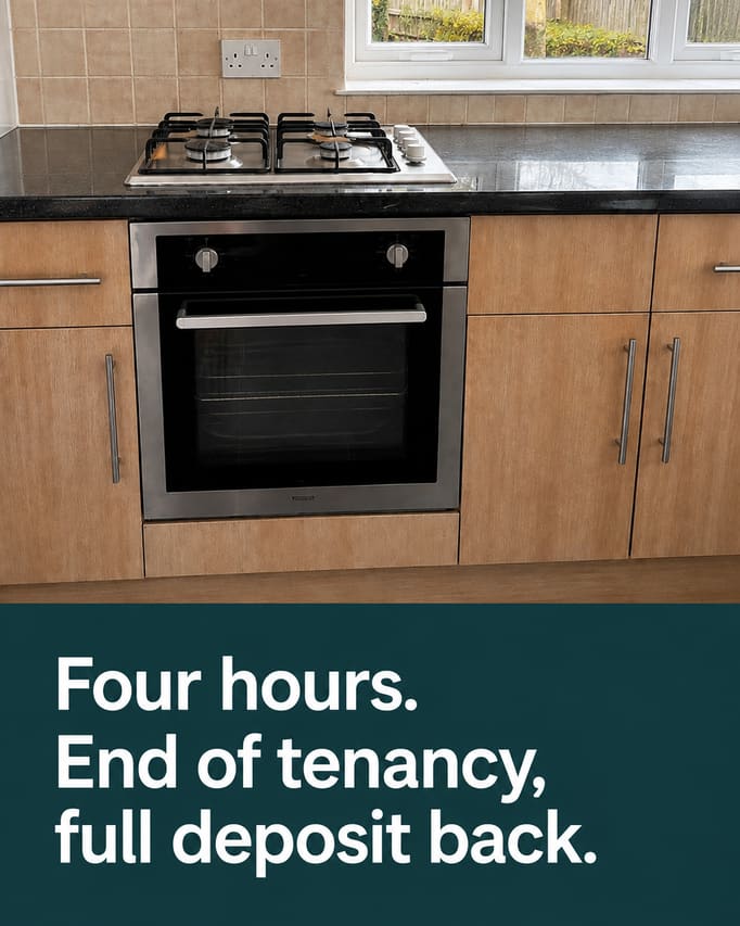 A finished social post built from the kitchen photograph, which is unaltered underneath, carrying the words “Four hours. End of tenancy, full deposit back” on a deep teal panel at the foot.