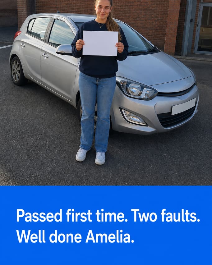 A finished social post built from the properly lit pass photograph, which is unaltered underneath, carrying the words “Passed first time. Two faults. Well done Amelia” on a bright blue panel at the foot. The certificate she is holding stays blank.