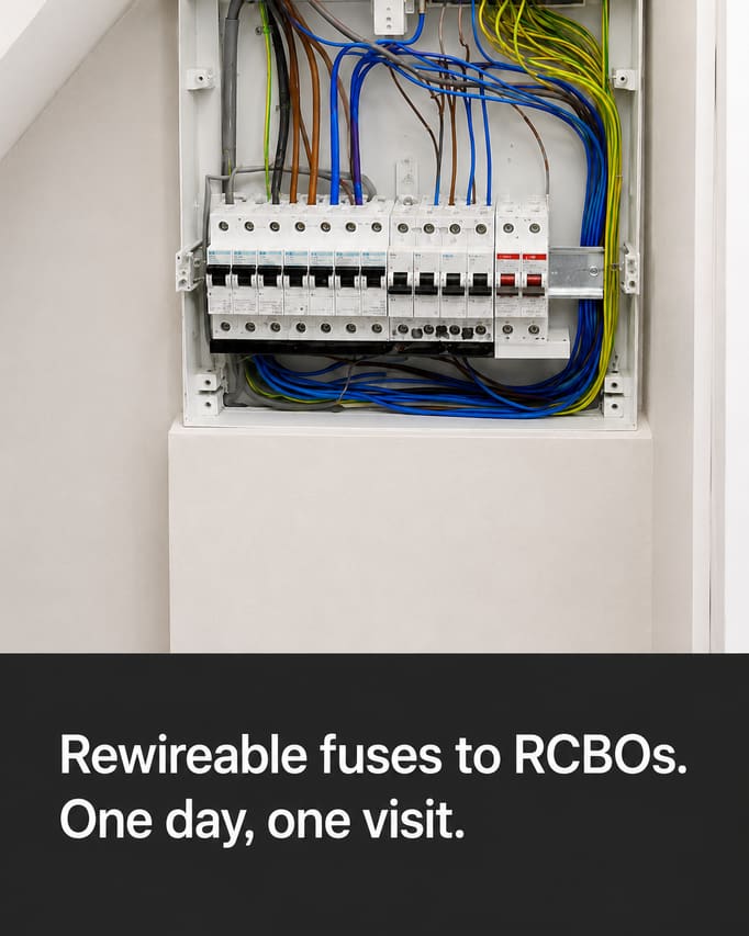 A finished social post built from the consumer unit photograph, which is unaltered underneath, carrying the words “Rewireable fuses to RCBOs. One day, one visit” on a charcoal panel at the foot.
