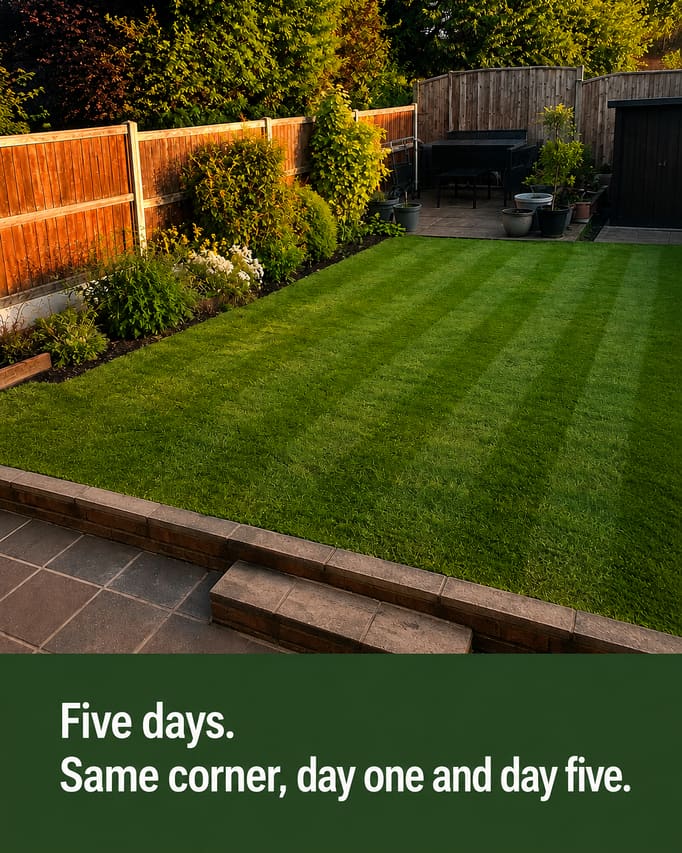A finished social post built from the late-afternoon garden photograph, which is unaltered underneath, carrying the words “Five days. Same corner, day one and day five” on a forest green panel at the foot.