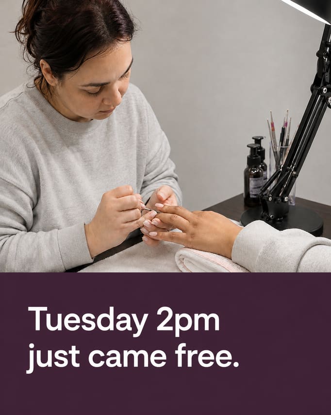 A finished social post built from the window-lit station photograph, which is unaltered underneath, carrying the words “Tuesday 2pm just came free” on a deep plum panel across the lower third.