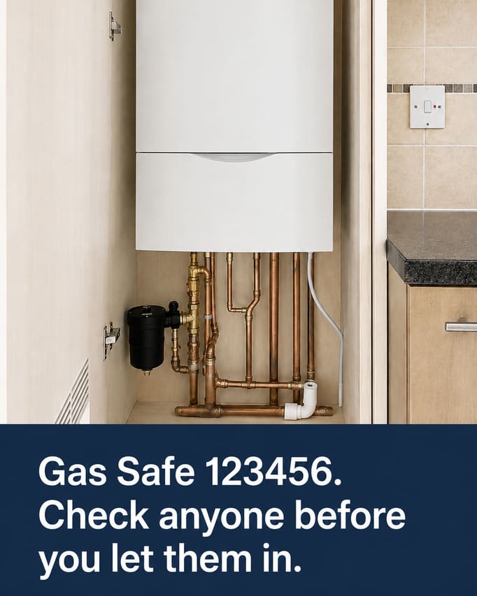 A finished social post built from the boiler install photograph, which is unaltered underneath, carrying the words “Gas Safe 123456. Check anyone before you let them in” on a navy panel at the foot.