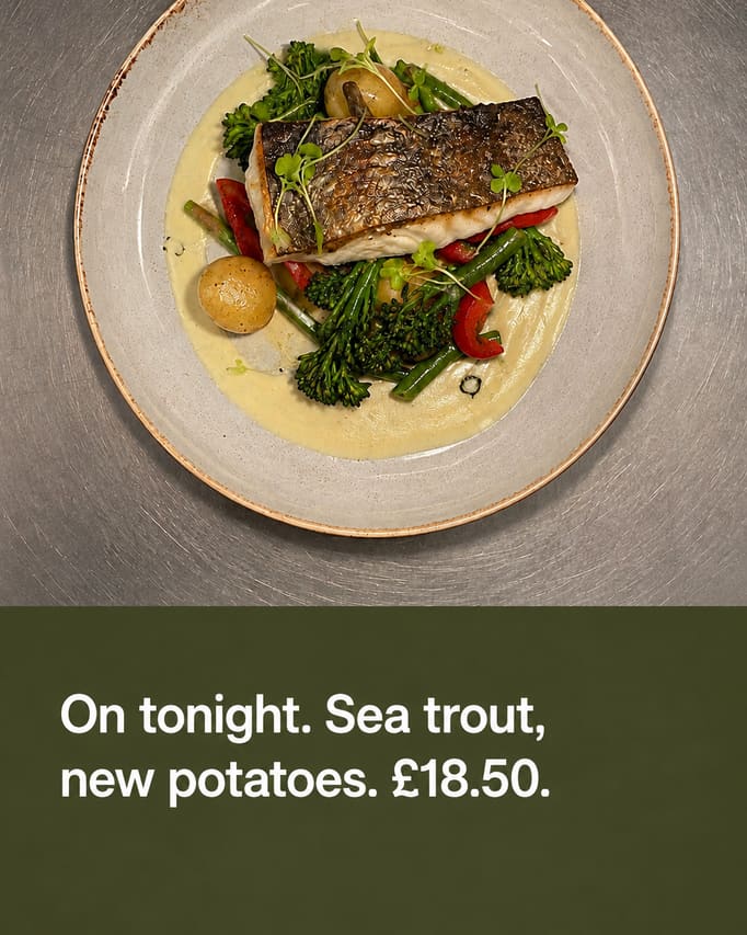 A finished social post built from the window-lit dish photograph, which is unaltered underneath, carrying the words “On tonight. Sea trout, new potatoes. £18.50” on a dark olive panel at the foot.